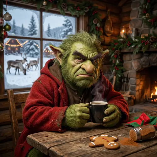 Festive Green Troll Enjoying Coffee Amidst Reindeers and Pine Trees