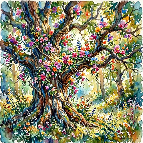Impressionist Ancient Tree with Colorful Flowers