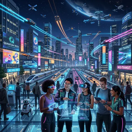 Futuristic Tech-Themed World: Vibrant City Skyline & Innovative Gadgets