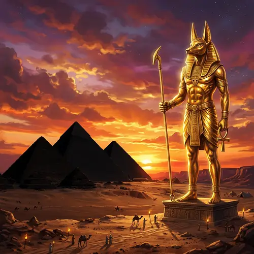 Black Pyramids with Anubis Statue at Sunset