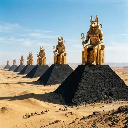 Majestic Black Pyramids with Golden Anubis Statues in Egyptian Desert
