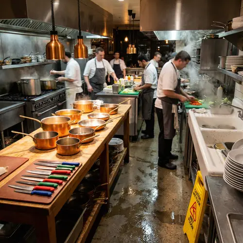 Bustling Restaurant Kitchen | Culinary Hub with Wet Floor