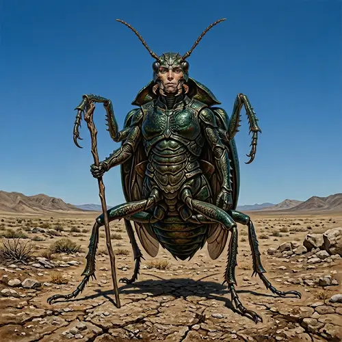 Hyper-Realistic Beetle-Humanoid Figure in Sparse Landscape