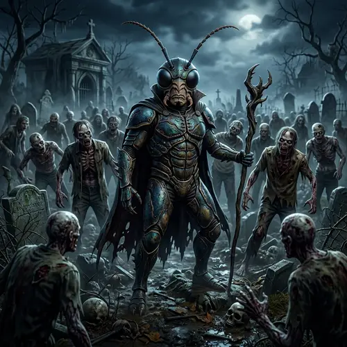 Beetle Man vs Zombies: Spooky and Fantastical 3D Scene