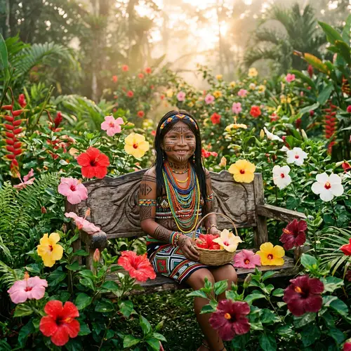 Emberá Girl in Vibrant Hibiscus Garden