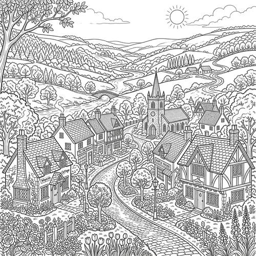 Tranquil Village Coloring Page for Adults