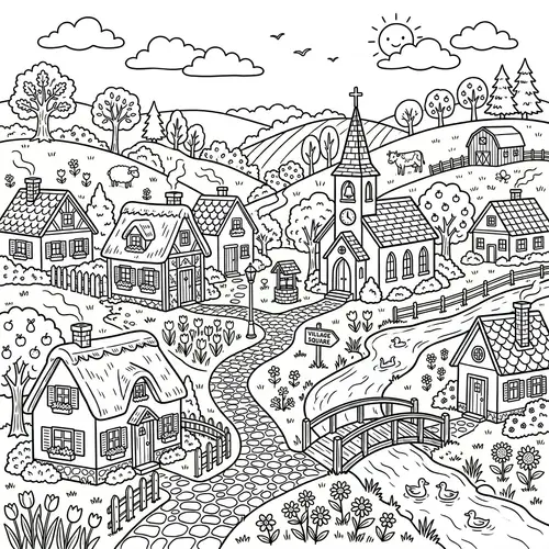 Whimsical Village Coloring Page for Kids - Fun and Creative Design