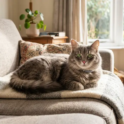 Beautiful Domestic Cat on a Comfortable Couch