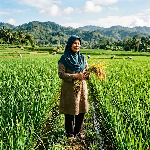 Middle-Eastern Woman in Rice Field Holding Golden Grains