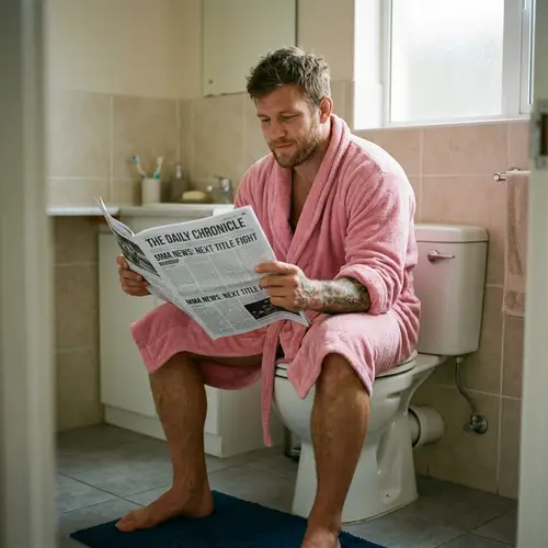 Khabib Nurmagomedov in Pink Bathrobe Reading Newspaper