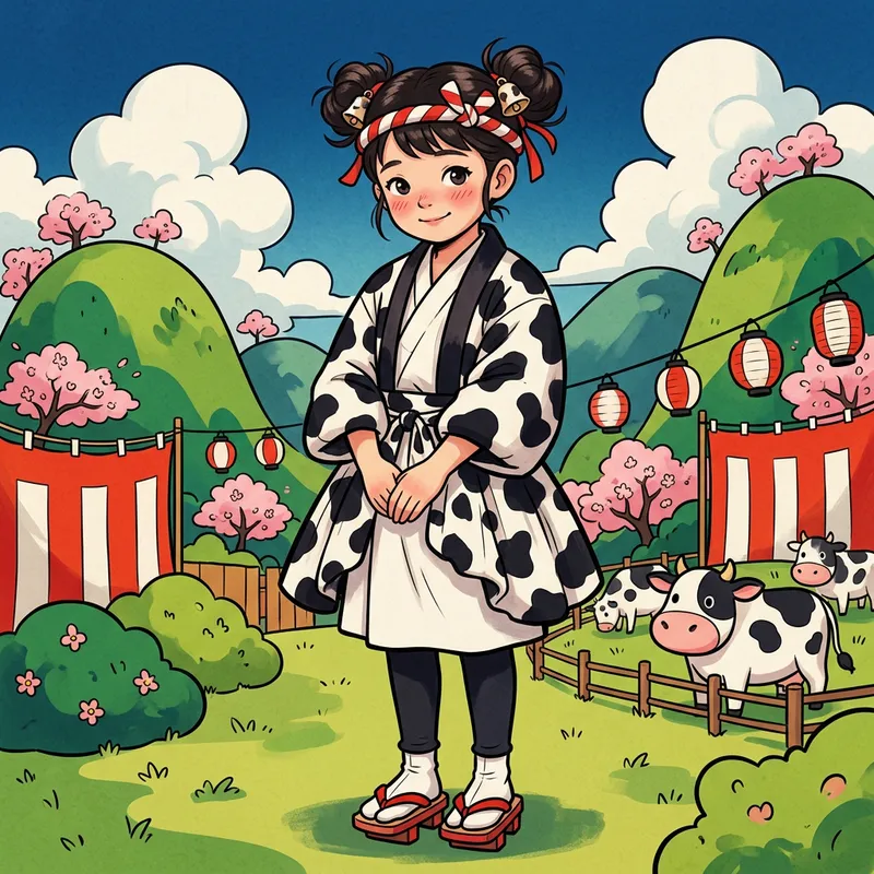 Vibrant Cow-Print Outfit Art: Lively Girl Blushing Happily