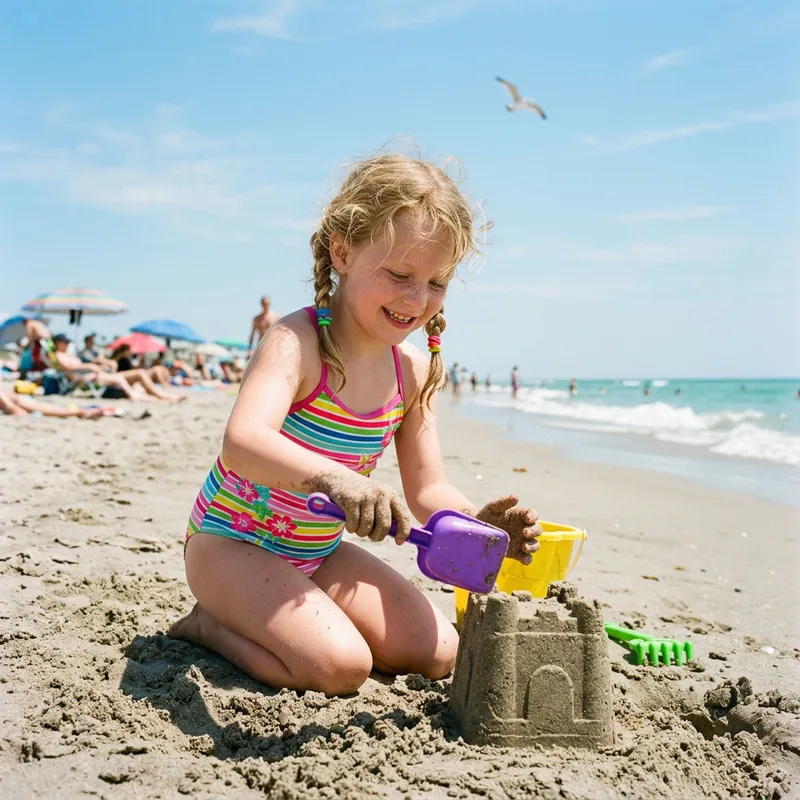 Young Girl in Colorful Swimsuit Building Sandcastle at Beach