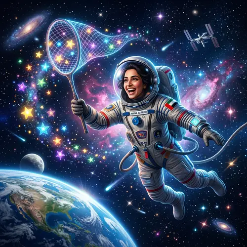 Middle-Eastern Woman Chasing Stars in Outer Space