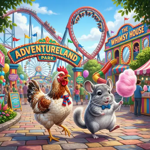 Cute Hen and Funny Chinchilla Enjoying Amusement Park Fun