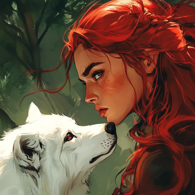 Disney Style Warrior Woman with White Wolf Illustration Disney Style Warrior Woman with White Wolf Illustration