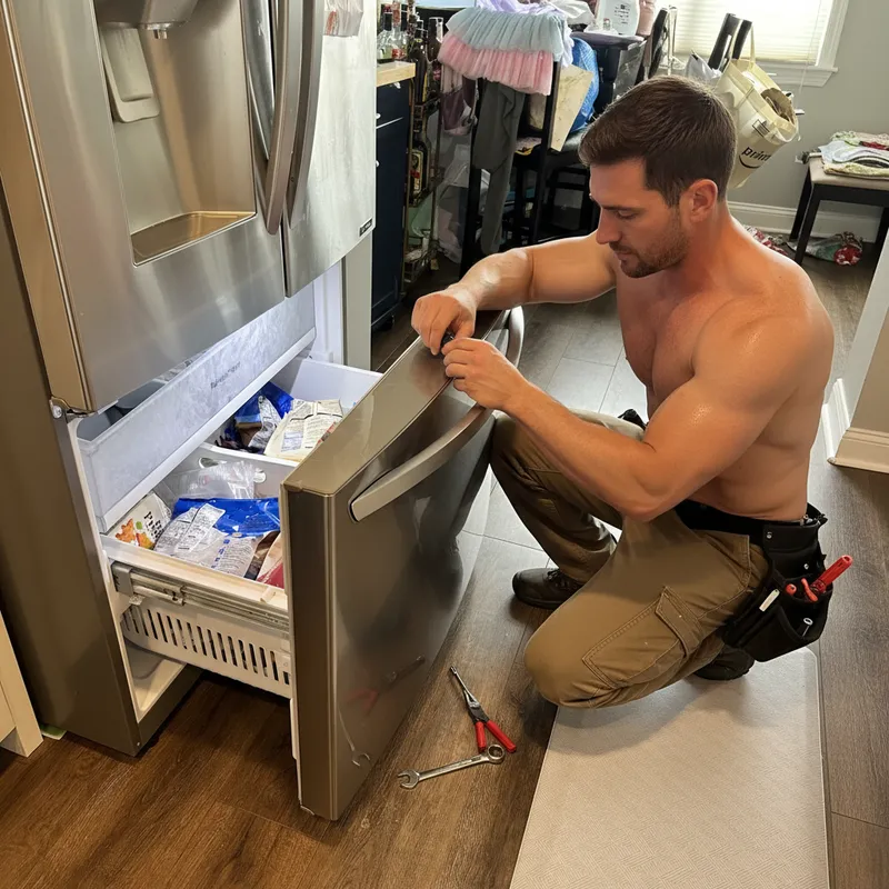 Handsome Handyman Fixing Freezer Drawer