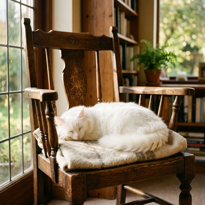 Tranquil White Cat Lounging on Antique Chair in Sunlight