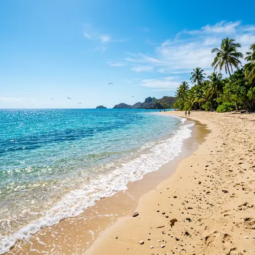 Serene Beach Scene with Azure Waves & Palm Trees