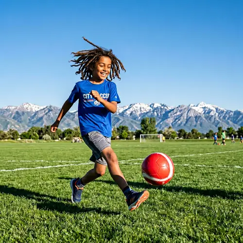 Energetic South Asian Boy with Dreadlocks Playing Soccer on Green Field