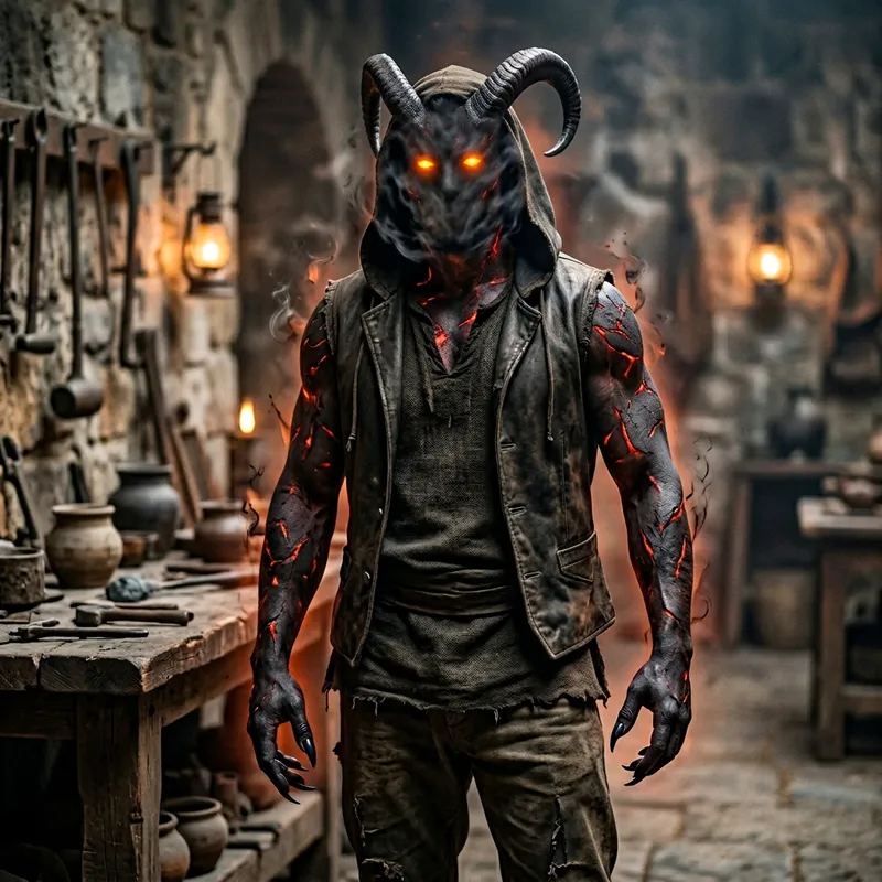 Enigmatic Man: Charcoal Skin, Red Embers, and Glowing Horns