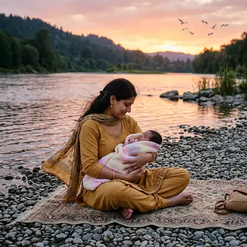 Tranquil River Scene: South Asian Woman with Newborn Baby Girl