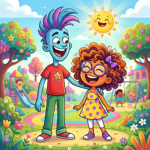 Colorful Cartoon Characters Laughing in Cheerful Environment