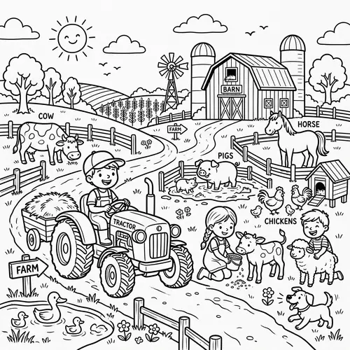 Farm Coloring Book with Tractors and Animals for Kids