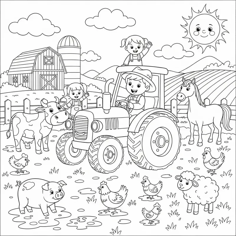 Farm Coloring Book with Tractors and Animals for Kids