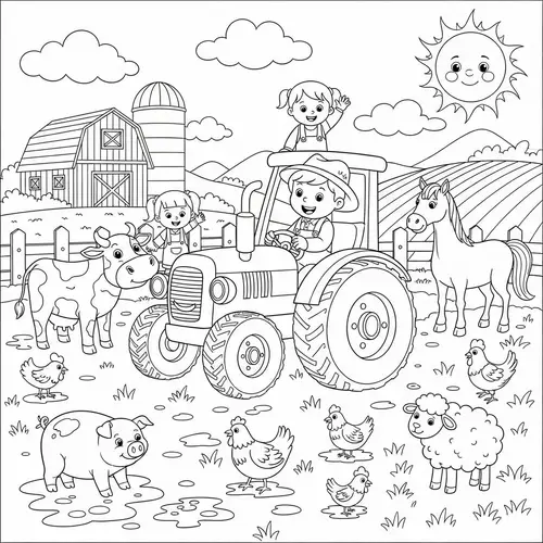 Farm Coloring Book with Tractors and Animals for Kids