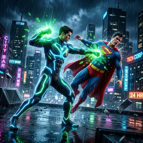 Neon Man Punching Superman with Kryptonite Hand
