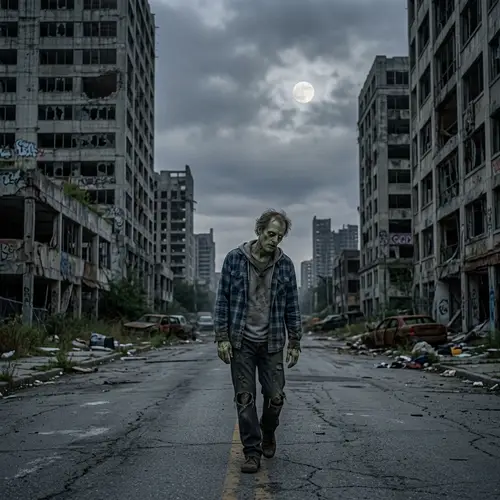 Eerie Post-Apocalyptic Cityscape with a Staggering Zombie