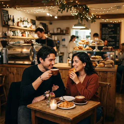 Romantic Hispanic Couple Enjoy Coffee in Cozy Cafe