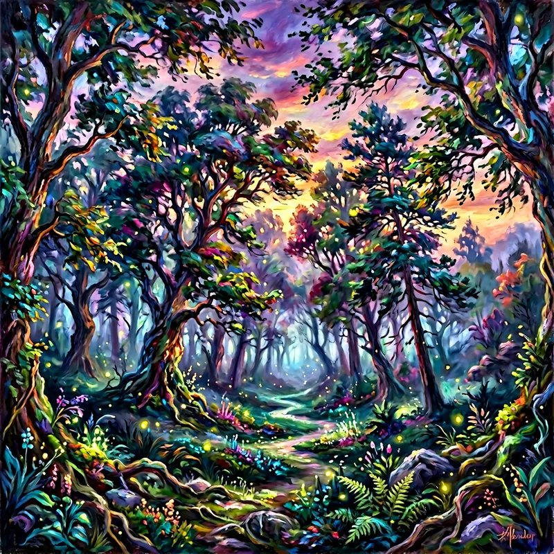 Mystical Forest at Dusk | Fantasy-Inspired Impressionism Mystical Forest at Dusk | Fantasy-Inspired Impressionism