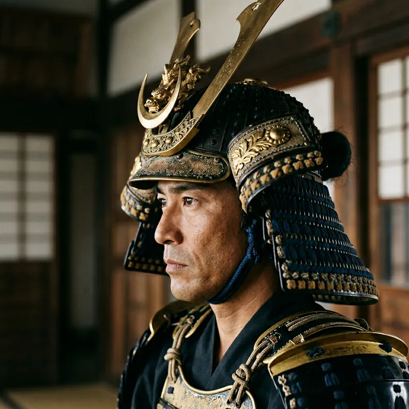 Japanese Samurai Profile: Clean-Shaven Face & Kabuto Helmet
