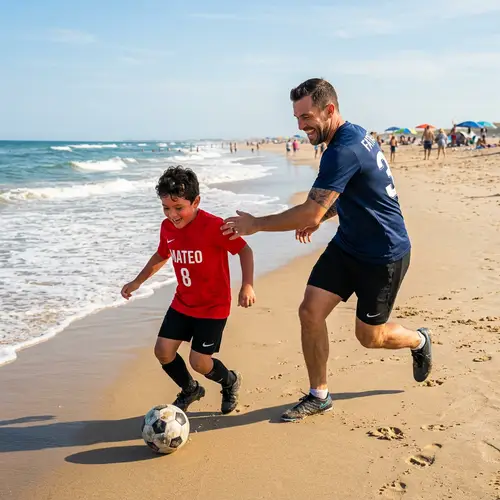 Father and Son Soccer Bonding on Sandy Beach