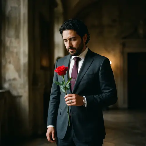 Hispanic Man Holding Red Rose | Emotive Portrait in Muted Tones