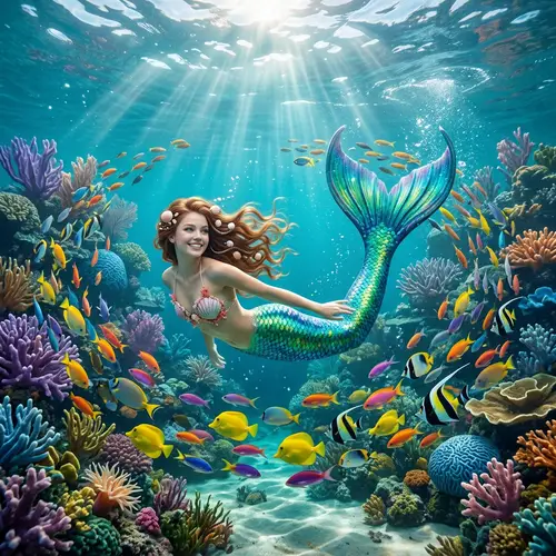 Mystical Underwater Scene with Young Mermaid and Tropical Fish