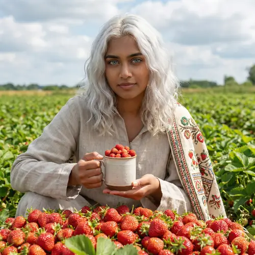 South Asian Girl in Strawberry Field with Blue Eyes and White Hair