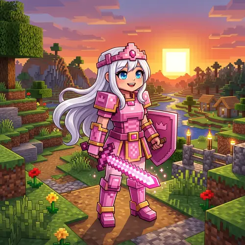 Cute Girl in Minecraft: Pink Armor & Tiara Adventure