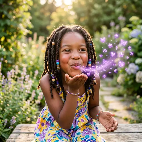 Black Girl Blowing Kisses with Enchanting Purple Shapes