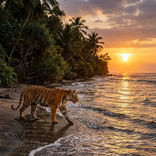 Bengal Tiger Gracefully Pacing Along Sea Edge