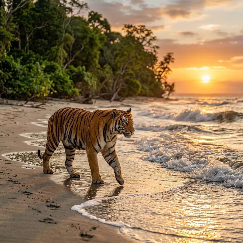 Bengal Tiger Roaming Seashore with Jungle Backdrop