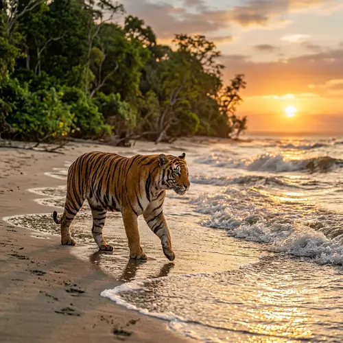Majestic Bengal Tiger on Sandy Seashore | Unique Jungle Scene