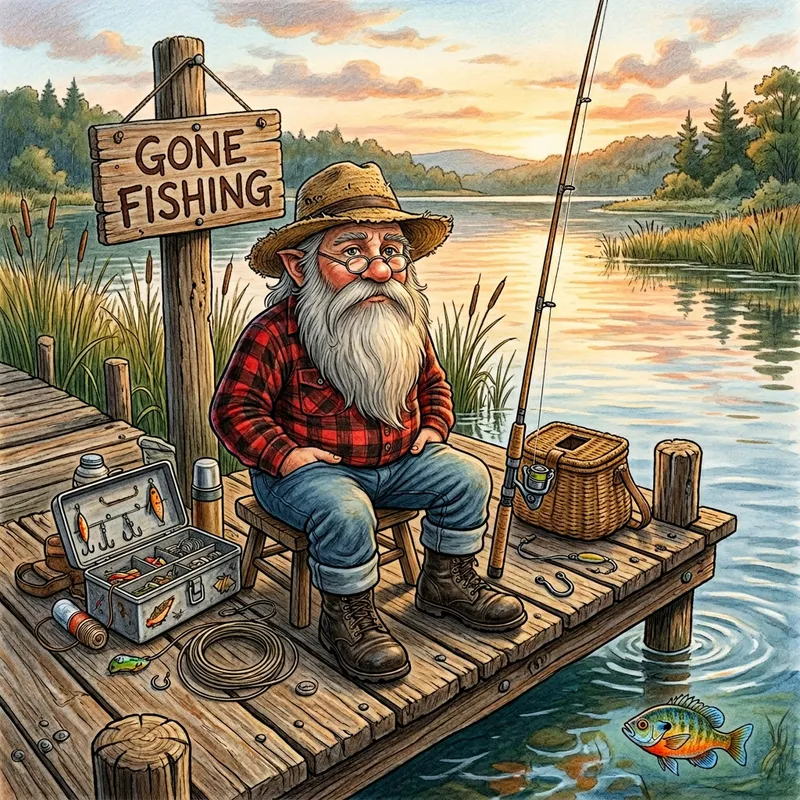 Charming Fishing Gnome on a Wooden Dock Charming Fishing Gnome on a Wooden Dock