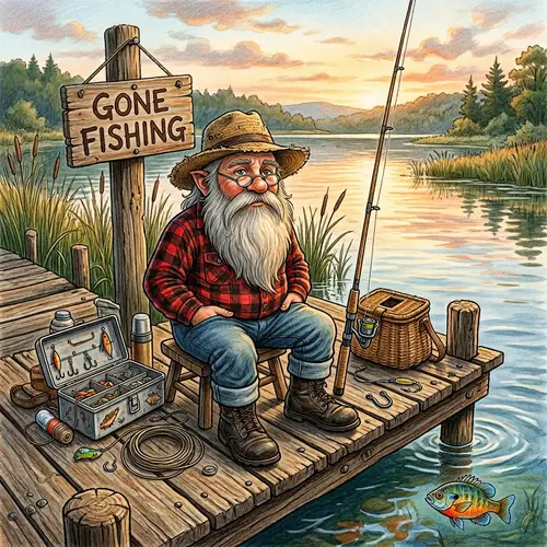 Charming Fishing Gnome on a Wooden Dock
