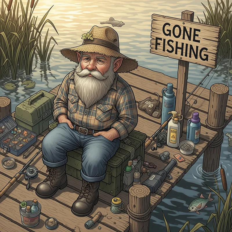 Charming Fishing Gnome on a Wooden Dock Charming Fishing Gnome on a Wooden Dock