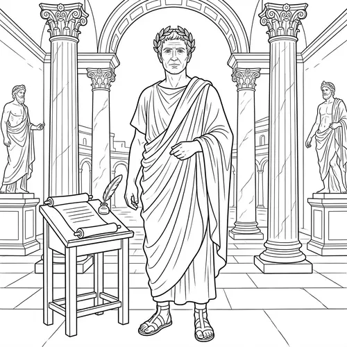 Coloring Page of Ancient Roman Noble in Toga with Laurel Wreath