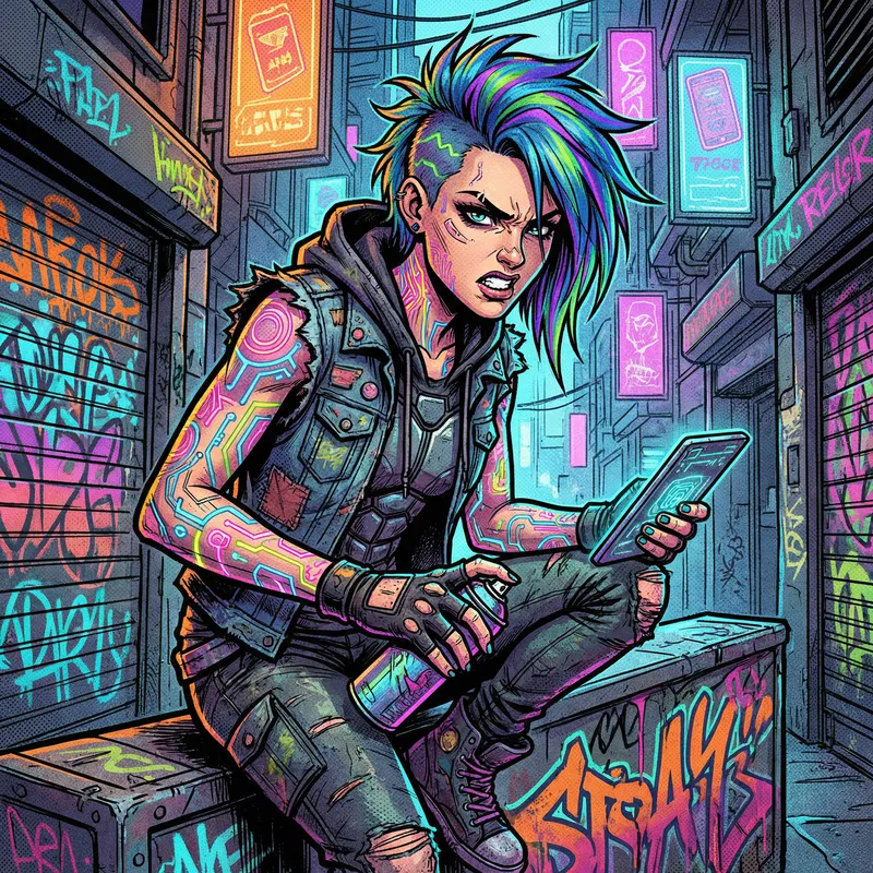 Vibrant Cyberpunk Comic Art: Young Caucasian Woman with Intricate Tattoos