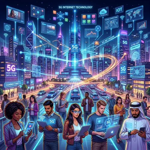 Futuristic 5G Internet Cityscape: Data Transfer & Connectivity