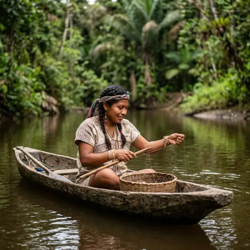 Indigenous Fisher in Amazon Canoe – Nature's Serenity